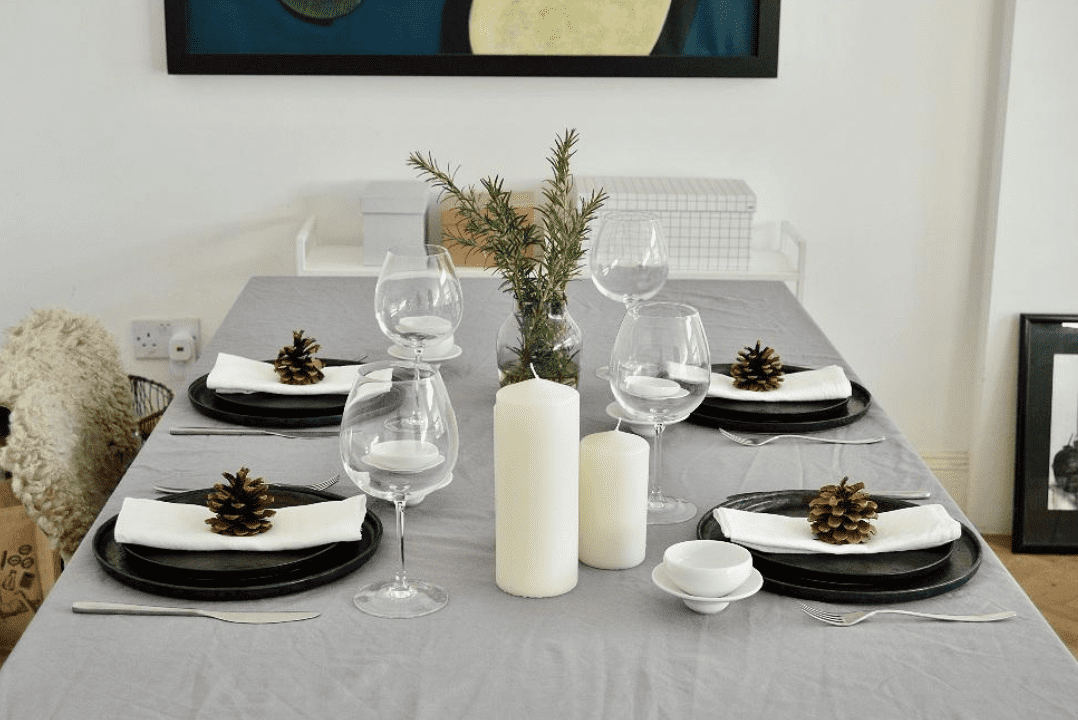 Gray and store white tablecloth